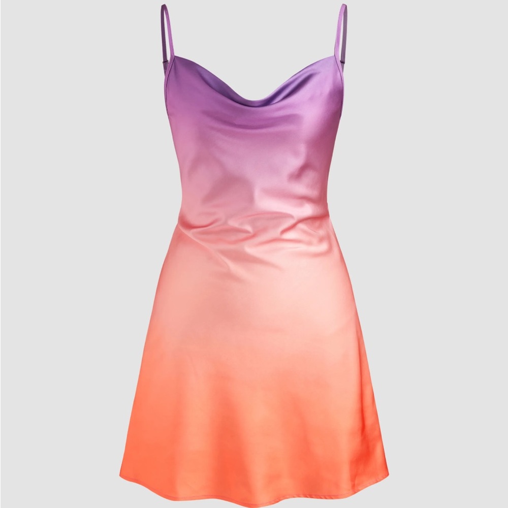 SATIN COWL NECKLINE GRADIENT KNOTTED CAMI MINI DRESS